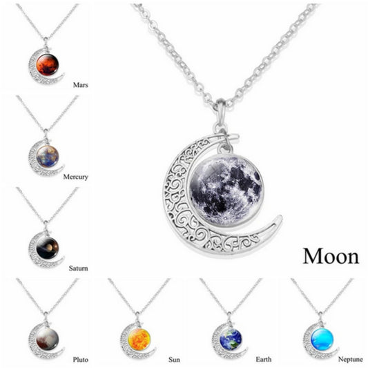 Unique Galaxy Solar System Crescent Necklace - Universe Jewelry - Crescent Glass Cabochon Pendent Necklace - Perfect Astronomy Lovers Gift