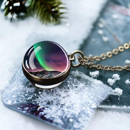 Unique Aurora Borealis Silver Necklace - Northern Light Jewelry - Double Side Glass Ball Pendent Necklace - Perfect Aurora Lovers Gift 18