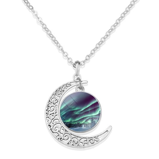 Unique Aurora Borealis Crescent Necklace - Northern Light Jewelry - Crescent Glass Cabochon Pendent Necklace - Perfect Aurora Lovers Gift 1