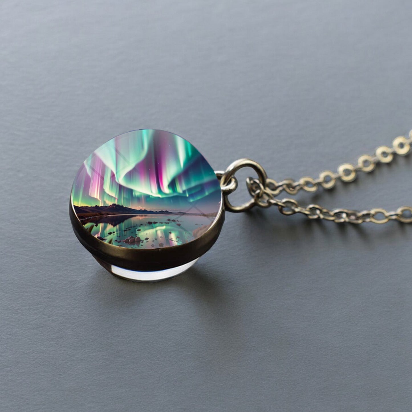 Luminous Aurora Borealis Silver Necklace- Northern Light Jewelry - Unique Double Side Glass Ball Pendent Necklace - Perfect Aurora Lovers Gift