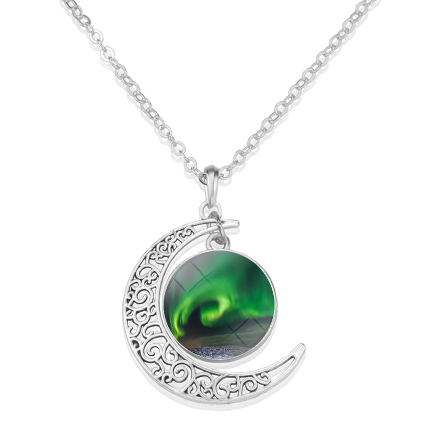 Unique Aurora Borealis Crescent Necklace - Northern Light Jewelry - Crescent Glass Cabochon Pendent Necklace - Perfect Aurora Lovers Gift 14
