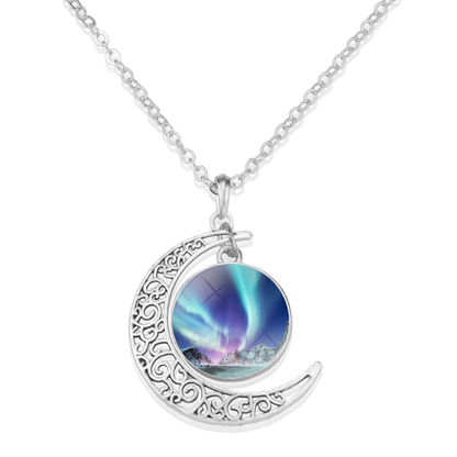 Unique Aurora Borealis Crescent Necklace - Northern Light Jewelry - Crescent Glass Cabochon Pendent Necklace - Perfect Aurora Lovers Gift 3
