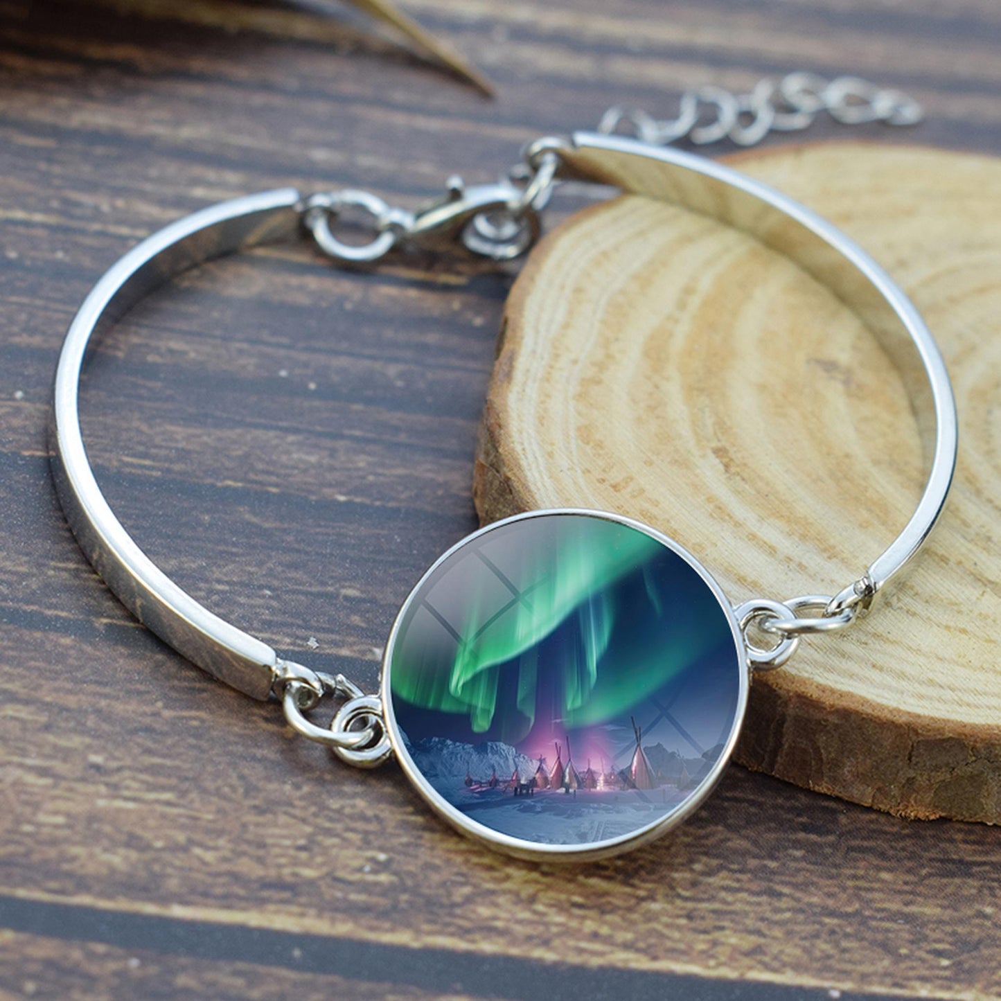 Unique Aurora Borealis Bangle Bracelet - Northern Light Jewelry - Glass Cabochon Silver Plated Bracelet - Perfect Aurora Lovers Gift 9