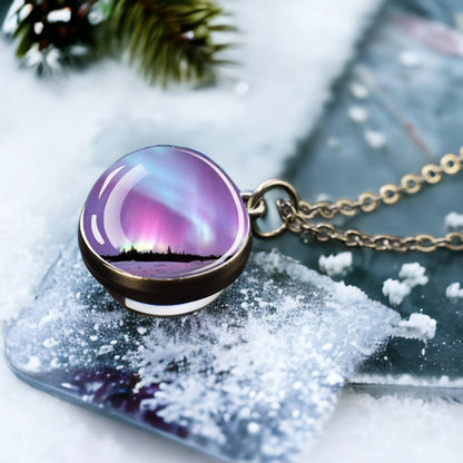 Unique Aurora Borealis Silver Necklace - Northern Light Jewelry - Double Side Glass Ball Pendent Necklace - Perfect Aurora Lovers Gift 18