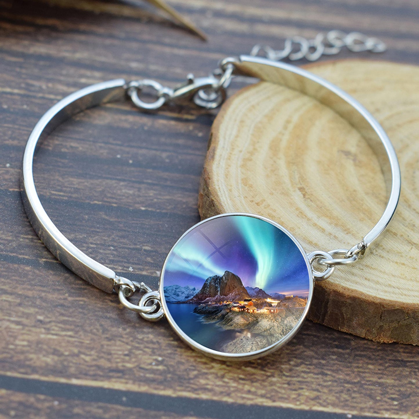 Unique Aurora Borealis Bangle Bracelet - Northern Light Jewelry - Glass Cabochon Silver Plated Bracelet - Perfect Aurora Lovers Gift 12