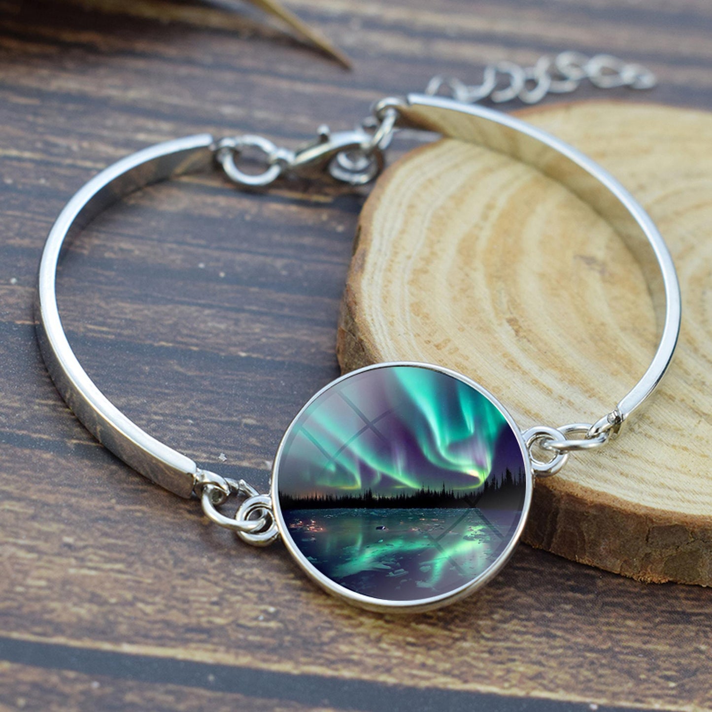 Unique Aurora Borealis Bangle Bracelet - Northern Light Jewelry - Glass Cabochon Silver Plated Bracelet - Perfect Aurora Lovers Gift 1