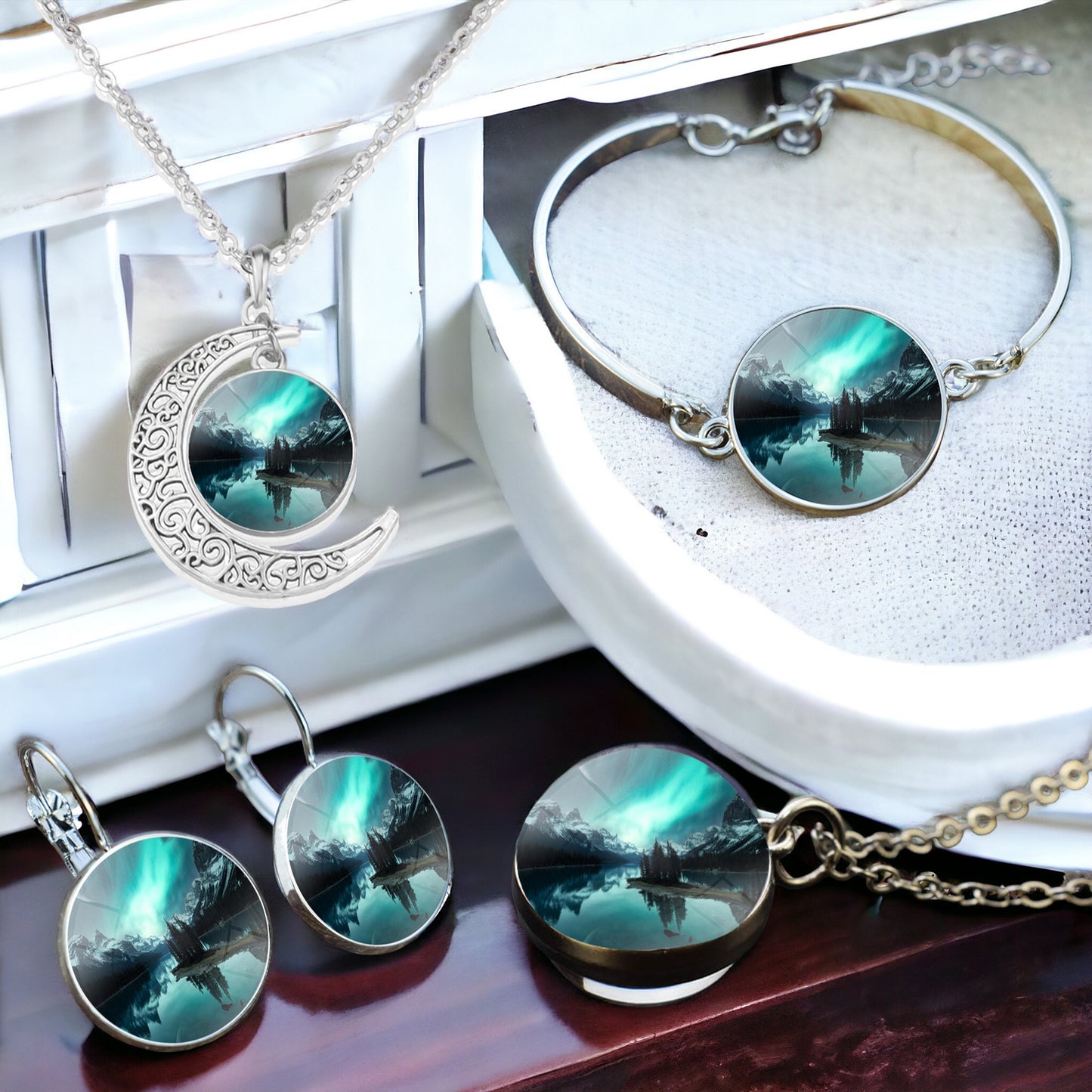 4-Piece Jewelry Set with Glass Ball Necklace, Crescent Necklace, Bracelet, and Glass Cabochon Drop Earrings 1