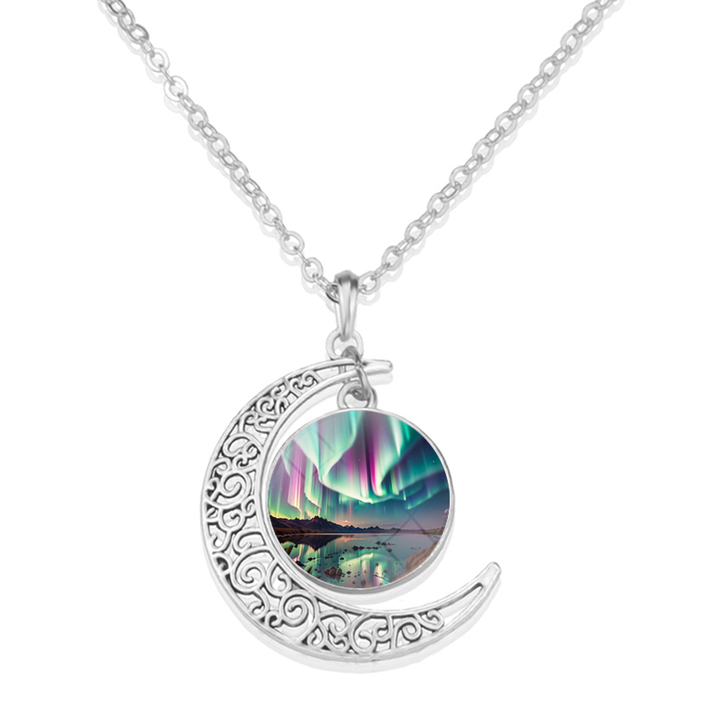 Unique Aurora Borealis Crescent Necklace - Northern Light Jewelry - Crescent Glass Cabochon Pendent Necklace - Perfect Aurora Lovers Gift 7