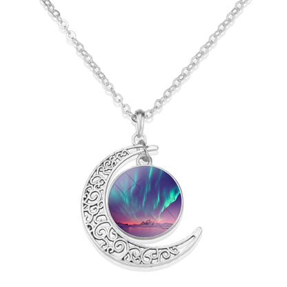 Unique Aurora Borealis Crescent Necklace - Northern Light Jewelry - Crescent Glass Cabochon Pendent Necklace - Perfect Aurora Lovers Gift 2
