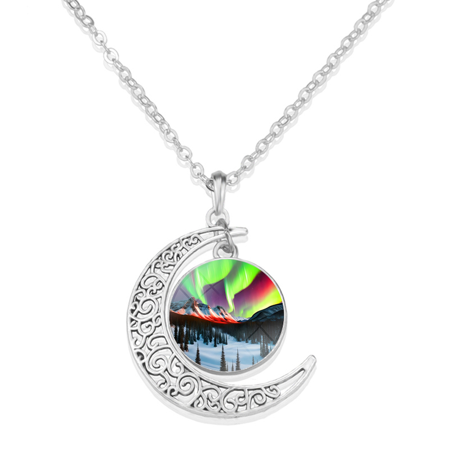 Unique Aurora Borealis Crescent Necklace - Northern Light Jewelry - Crescent Glass Cabochon Pendent Necklace - Perfect Aurora Lovers Gift 9