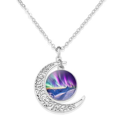 Unique Aurora Borealis Crescent Necklace - Northern Light Jewelry - Crescent Glass Cabochon Pendent Necklace - Perfect Aurora Lovers Gift 11