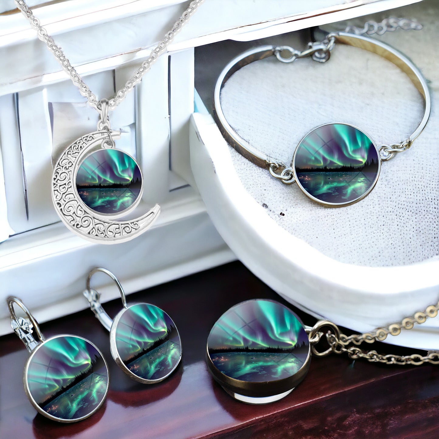 4-Piece Jewelry Set with Glass Ball Necklace, Crescent Necklace, Bracelet, and Glass Cabochon Drop Earrings 1