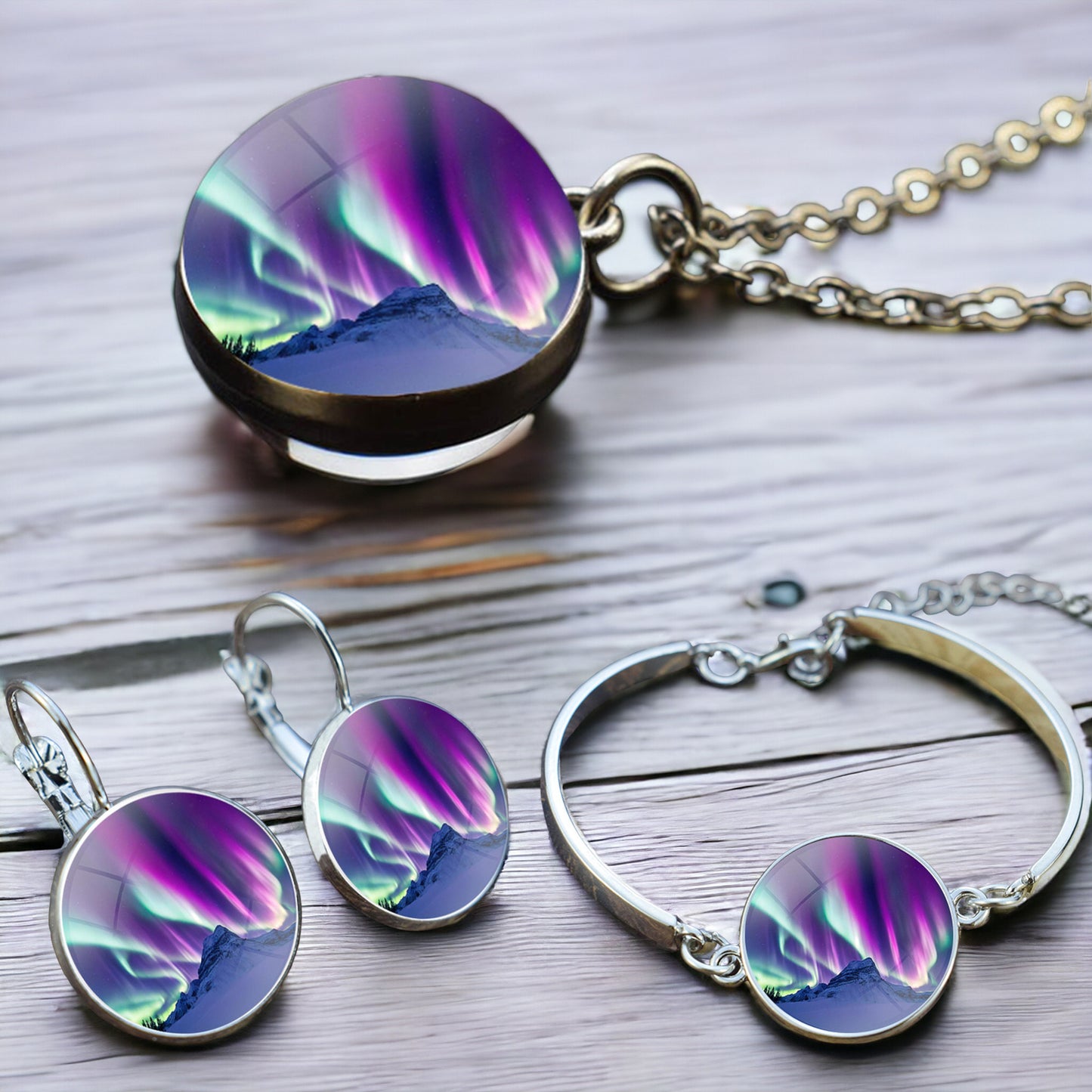 3-Piece Jewelry Set with Glass Ball Necklace, Bracelet, and Glass Cabochon Drop Earrings 2