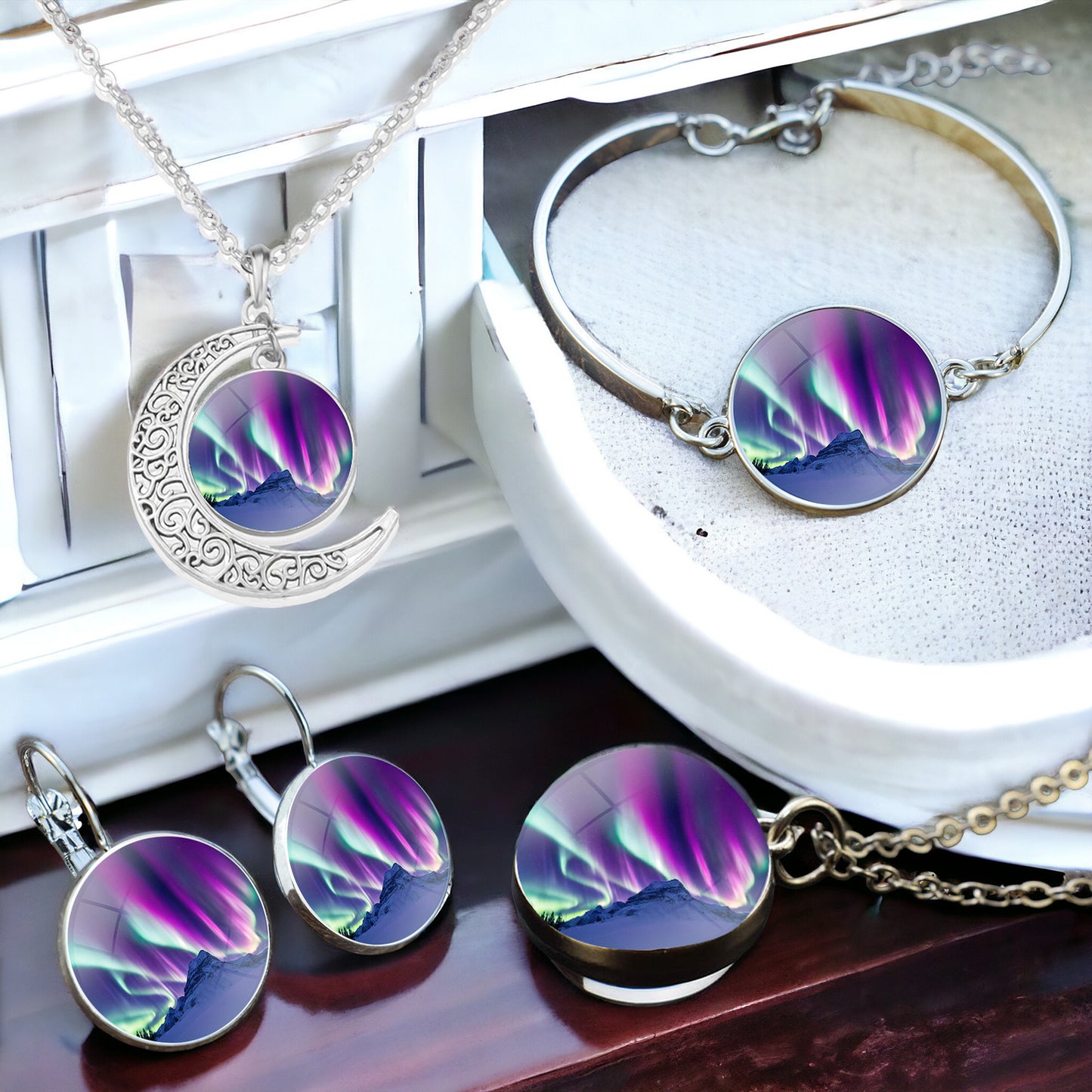 4-Piece Jewelry Set with Glass Ball Necklace, Crescent Necklace, Bracelet, and Glass Cabochon Drop Earrings 2