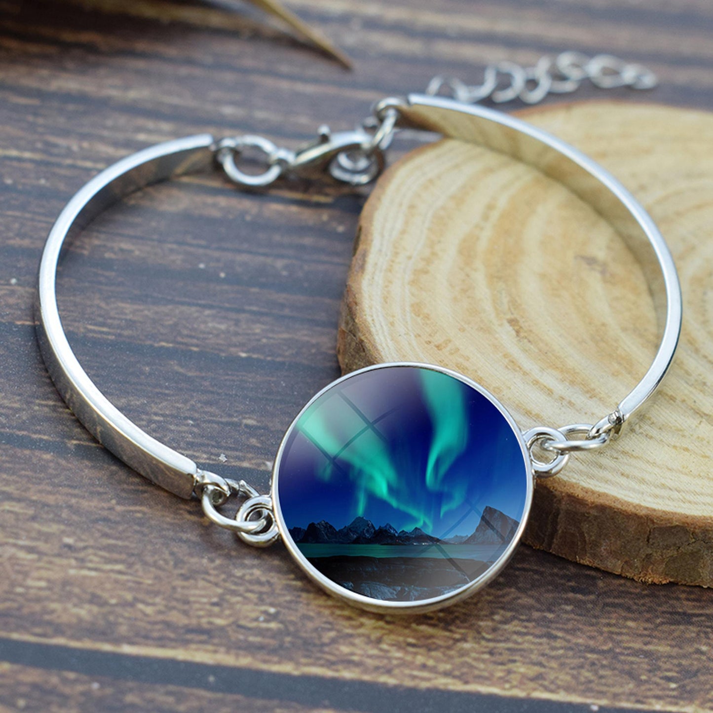 Unique Aurora Borealis Bangle Bracelet - Northern Light Jewelry - Glass Cabochon Silver Plated Bracelet - Perfect Aurora Lovers Gift 8