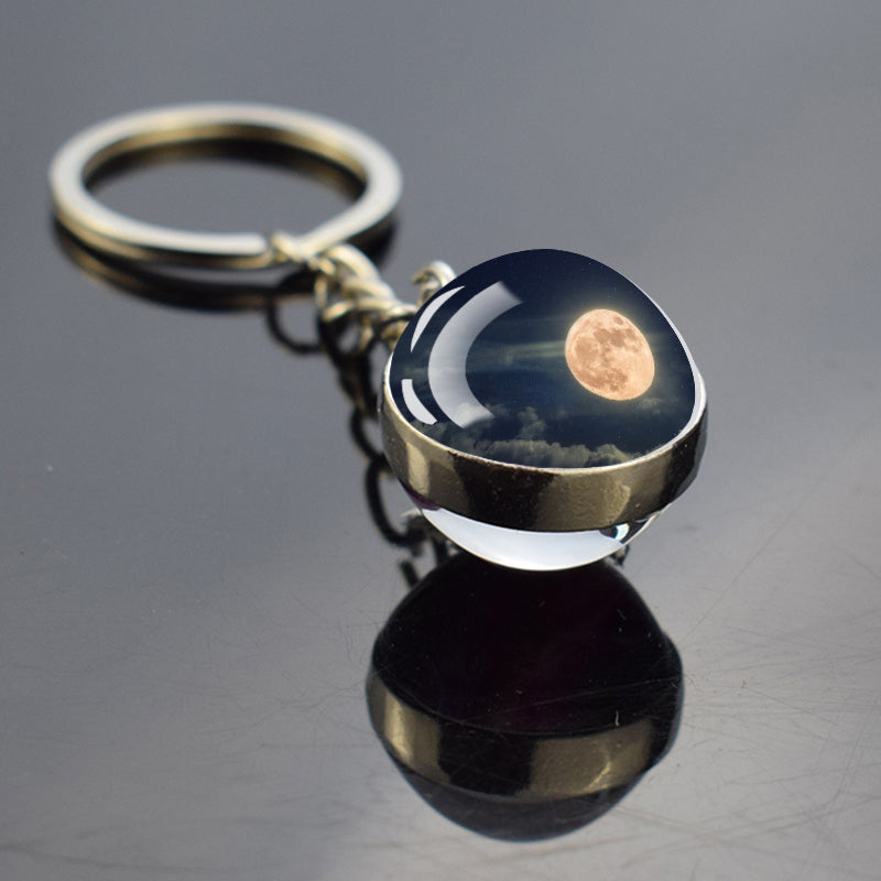 Unique Full Crescent Moon Keyring - Night Starry Sky Jewelry - Double Side Glass Ball Key Chain - Perfect Moon Lovers Gift 11