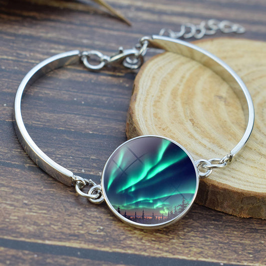 Unique Aurora Borealis Bangle Bracelet - Northern Light Jewelry - Glass Cabochon Silver Plated Bracelet - Perfect Aurora Lovers Gift 3