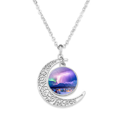 Unique Aurora Borealis Crescent Necklace - Northern Light Jewelry - Crescent Glass Cabochon Pendent Necklace - Perfect Aurora Lovers Gift 25