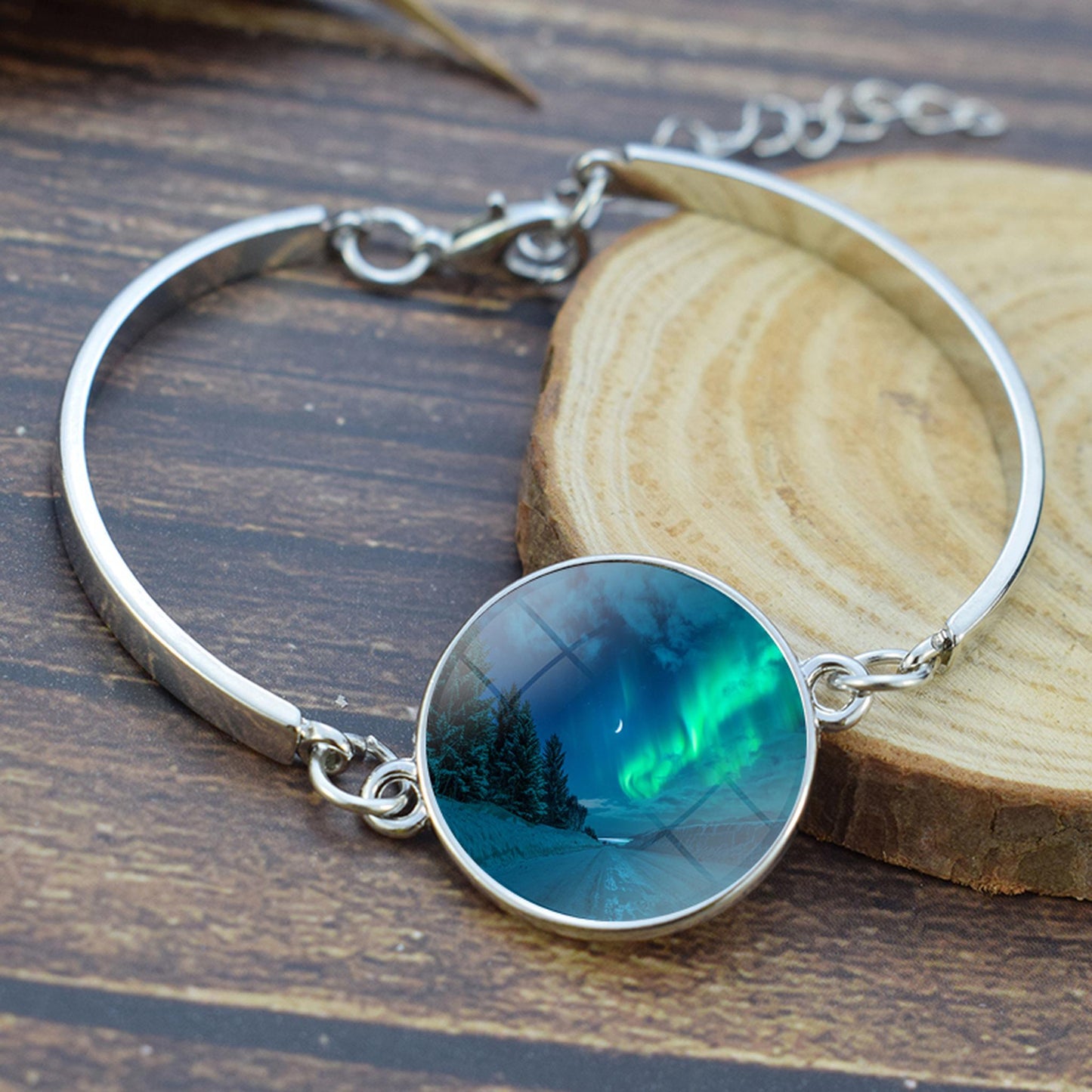 Unique Aurora Borealis Bangle Bracelet - Northern Light Jewelry - Glass Cabochon Silver Plated Bracelet - Perfect Aurora Lovers Gift 15