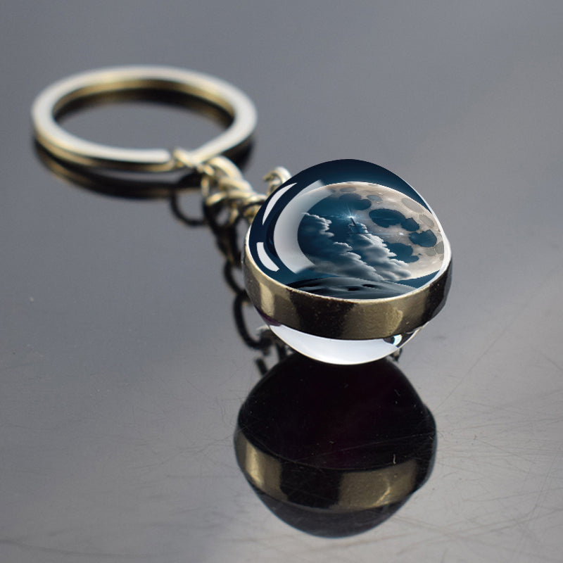 Unique Full Crescent Moon Keyring - Night Starry Sky Jewelry - Double Side Glass Ball Key Chain - Perfect Moon Lovers Gift 2