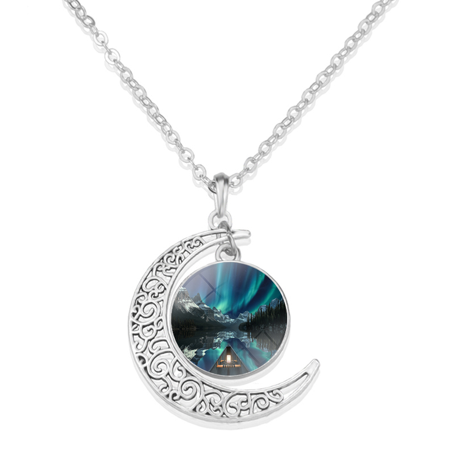 Unique Aurora Borealis Crescent Necklace - Northern Light Jewelry - Crescent Glass Cabochon Pendent Necklace - Perfect Aurora Lovers Gift 16