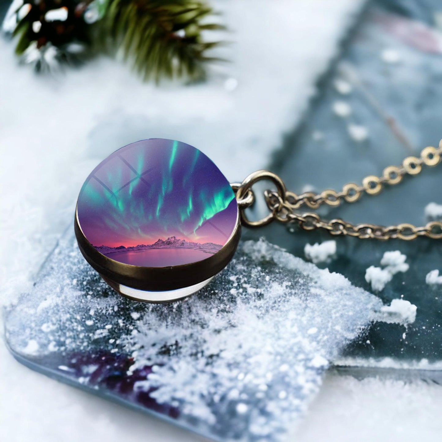 Unique Aurora Borealis Silver Necklace - Northern Light Jewelry - Double Side Glass Ball Pendent Necklace - Perfect Aurora Lovers Gift 2