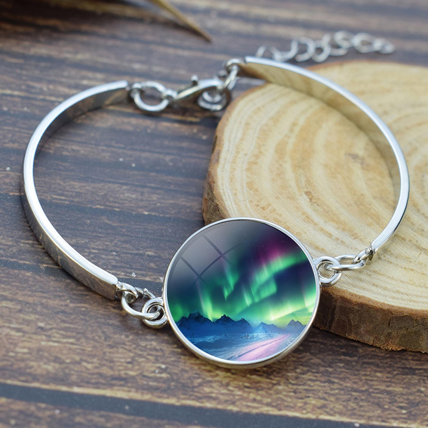 Unique Aurora Borealis Bangle Bracelet - Northern Light Jewelry - Glass Cabochon Silver Plated Bracelet - Perfect Aurora Lovers Gift 13