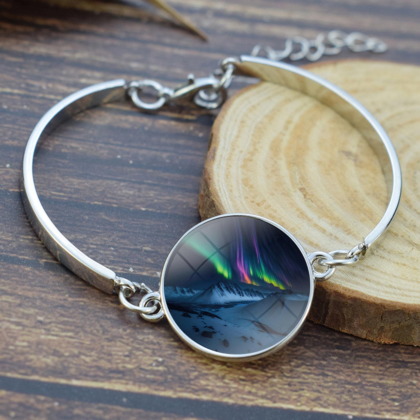 Unique Aurora Borealis Bangle Bracelet - Northern Light Jewelry - Glass Cabochon Silver Plated Bracelet - Perfect Aurora Lovers Gift 12