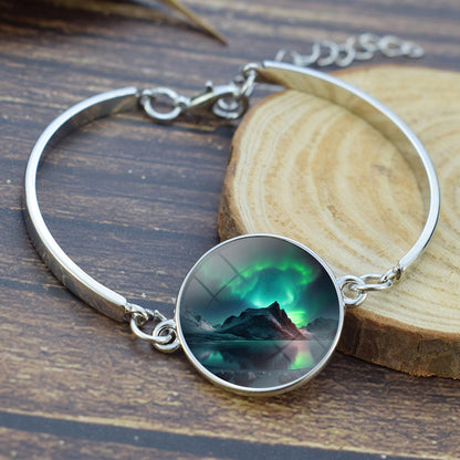 Unique Aurora Borealis Bangle Bracelet - Northern Light Jewelry - Glass Cabochon Silver Plated Bracelet - Perfect Aurora Lovers Gift 6