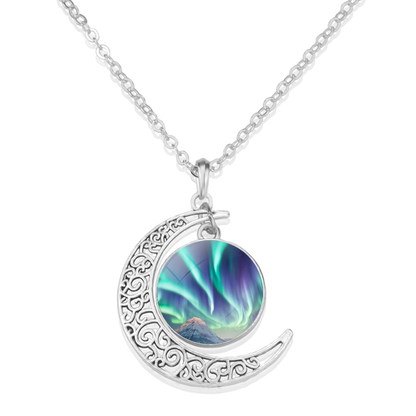 Unique Aurora Borealis Crescent Necklace - Northern Light Jewelry - Crescent Glass Cabochon Pendent Necklace - Perfect Aurora Lovers Gift 1