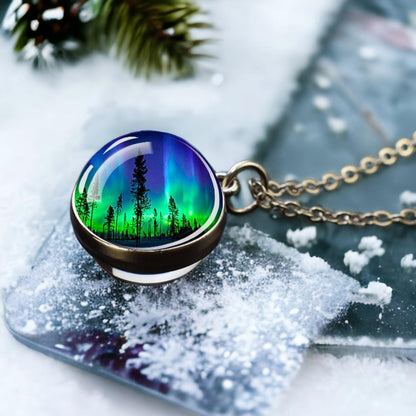 Unique Aurora Borealis Silver Necklace - Northern Light Jewelry - Double Side Glass Ball Pendent Necklace - Perfect Aurora Lovers Gift 17