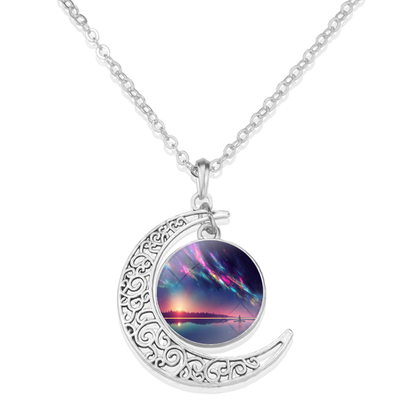 Unique Aurora Borealis Crescent Necklace - Northern Light Jewelry - Crescent Glass Cabochon Pendent Necklace - Perfect Aurora Lovers Gift 11