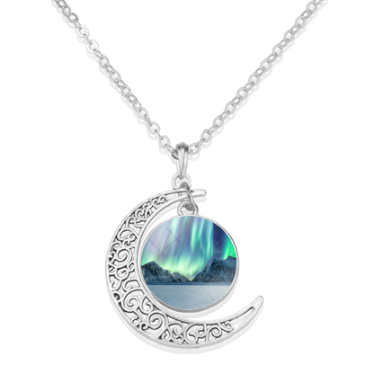 Unique Aurora Borealis Crescent Necklace - Northern Light Jewelry - Crescent Glass Cabochon Pendent Necklace - Perfect Aurora Lovers Gift 13