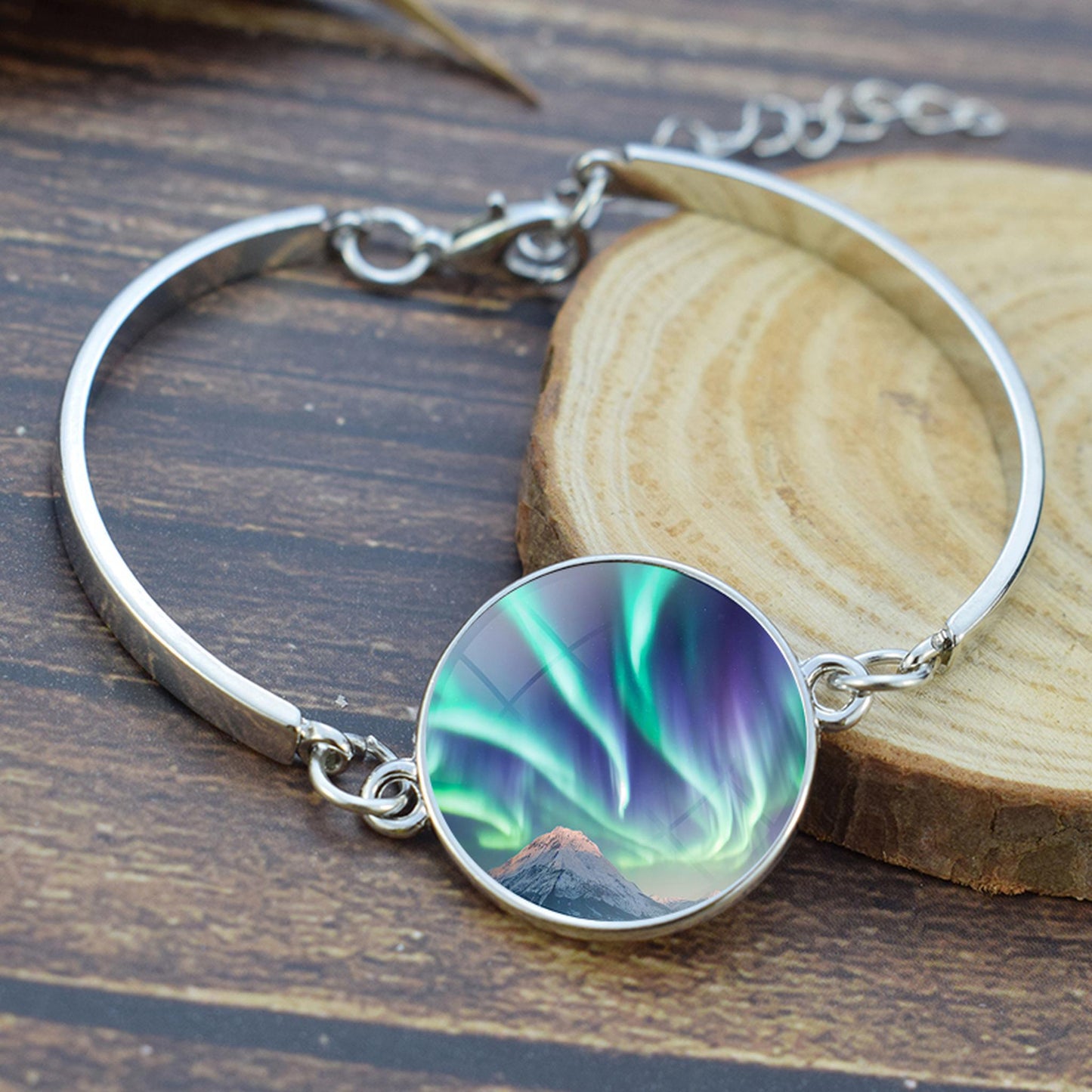 Unique Aurora Borealis Bangle Bracelet - Northern Light Jewelry - Glass Cabochon Silver Plated Bracelet - Perfect Aurora Lovers Gift 1