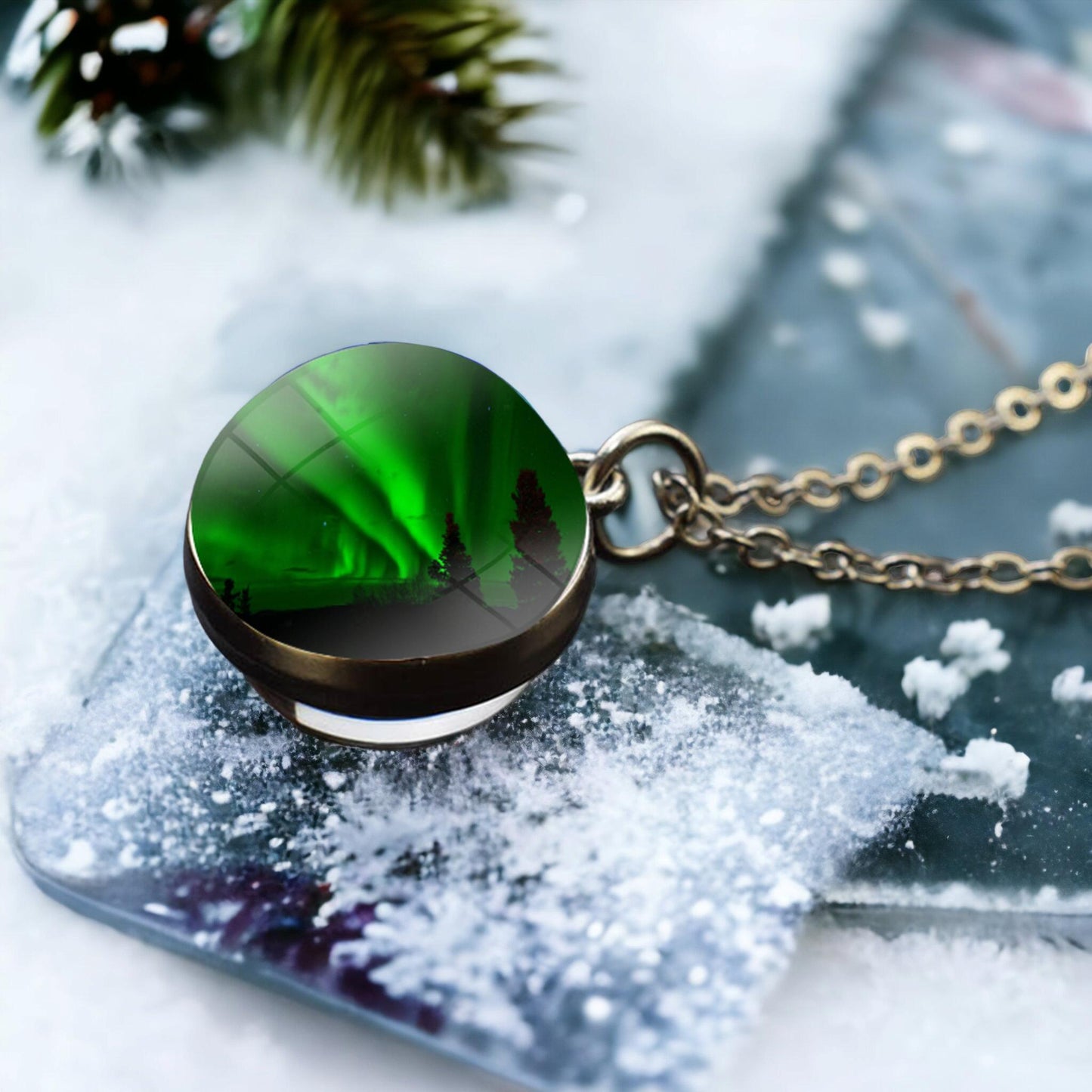 Unique Aurora Borealis Silver Necklace - Northern Light Jewelry - Double Side Glass Ball Pendent Necklace - Perfect Aurora Lovers Gift 15