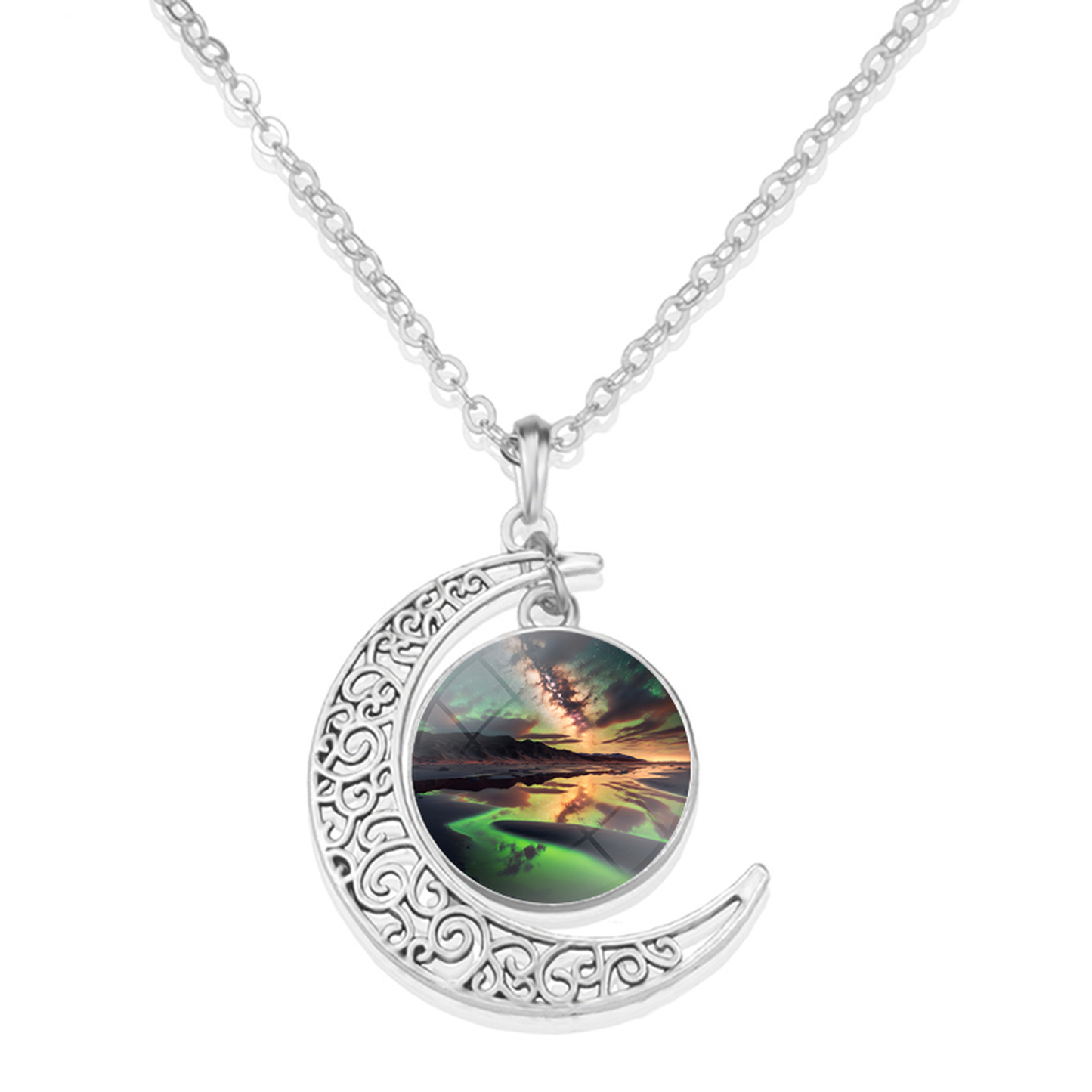 Unique Aurora Borealis Crescent Necklace - Northern Light Jewelry - Crescent Glass Cabochon Pendent Necklace - Perfect Aurora Lovers Gift 14