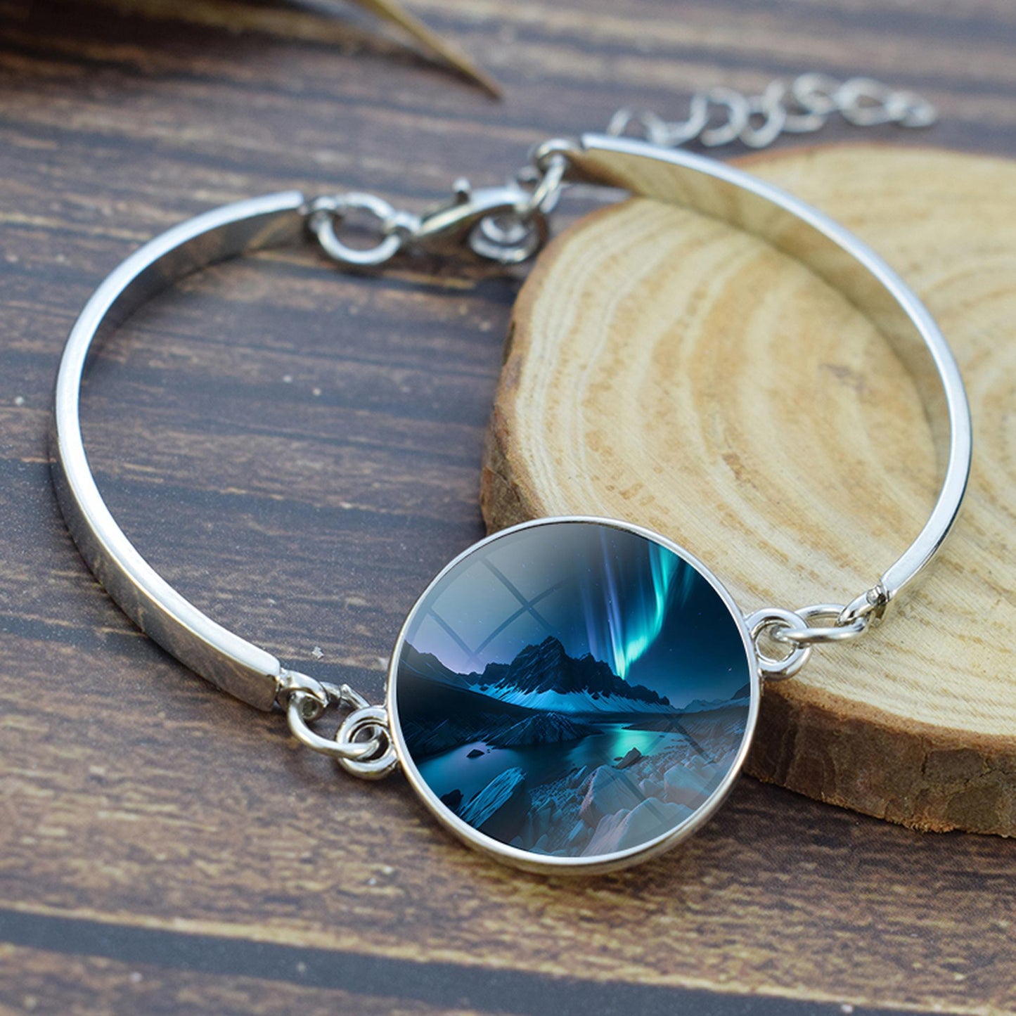 Unique Aurora Borealis Bangle Bracelet - Northern Light Jewelry - Glass Cabochon Silver Plated Bracelet - Perfect Aurora Lovers Gift 9