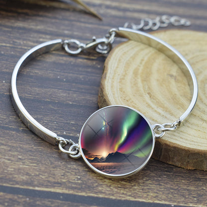 Unique Aurora Borealis Bangle Bracelet - Northern Light Jewelry - Glass Cabochon Silver Plated Bracelet - Perfect Aurora Lovers Gift 16