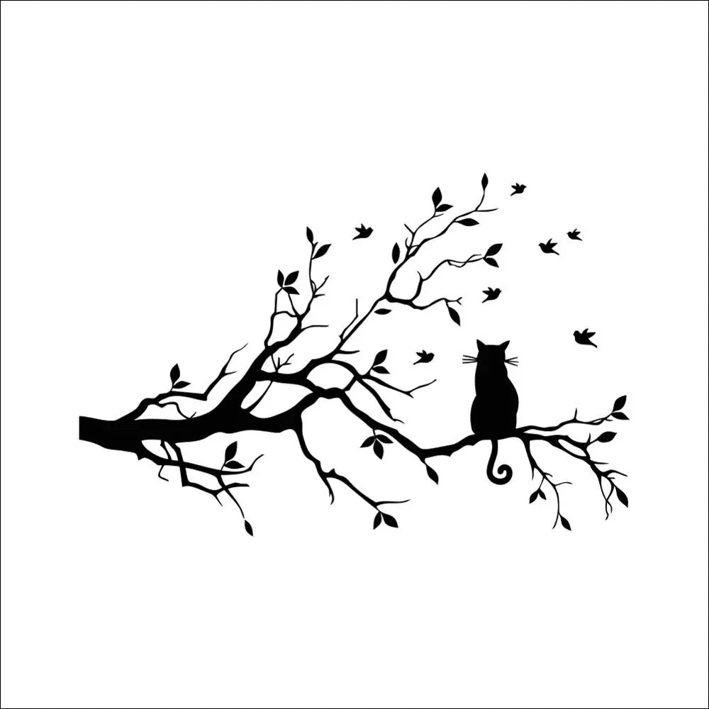 Cat On Tree Branch Wall Sticker Living Room Sofa Background Bedroom Home Decoration Animal Decals Wallpaper Hand Carved Stickers