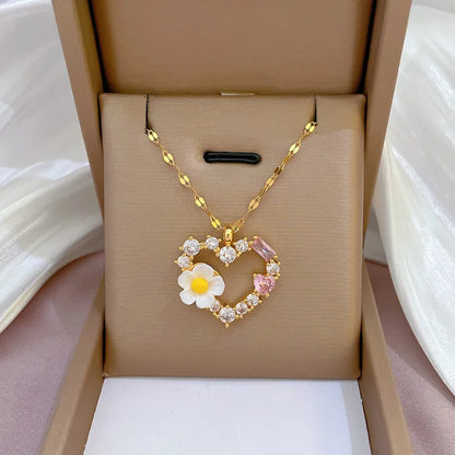 Stainless Steel Multiple Styles New Design Heart Flower Zircon Pendant Necklace for Women Girls Elegant Luxury Jewelry