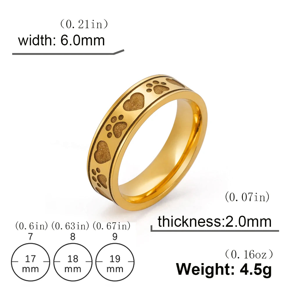 Heart Paws Ring Women Matte Gold Color Stainless Steel Pet Dog Cat Bear Animal Footprints Band Rings Jewelry Gift