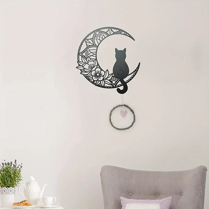 Black Cat On The Moon Wall Pediments, Cat And Moon Metal Wall Decor, Black Cat Wall Sculpture For Cats Lover, Home Decor
