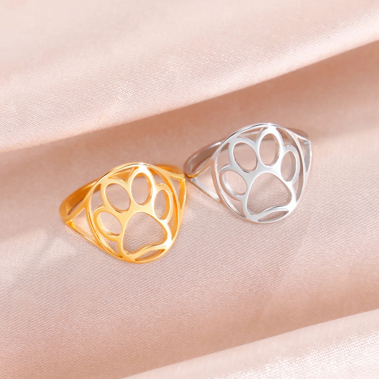 Cat Paw Heart Ring Stainless Steel Cute Animal Footprint Hollow Finger Accessories Lovely Women Girls Jewelry