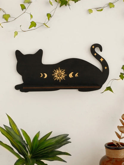 Black Cat Wooden Shelf Moon Phase Floating Shelf Crystal Holder Stone Display Stand Wall Decor Home Decorations