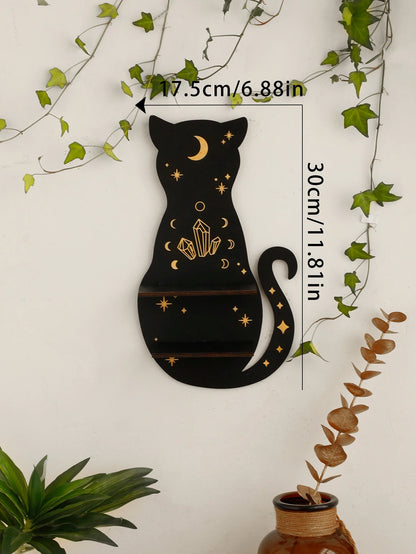 Black Cat Wooden Shelf Moon Phase Floating Shelf Crystal Holder Stone Display Stand Wall Decor Home Decorations