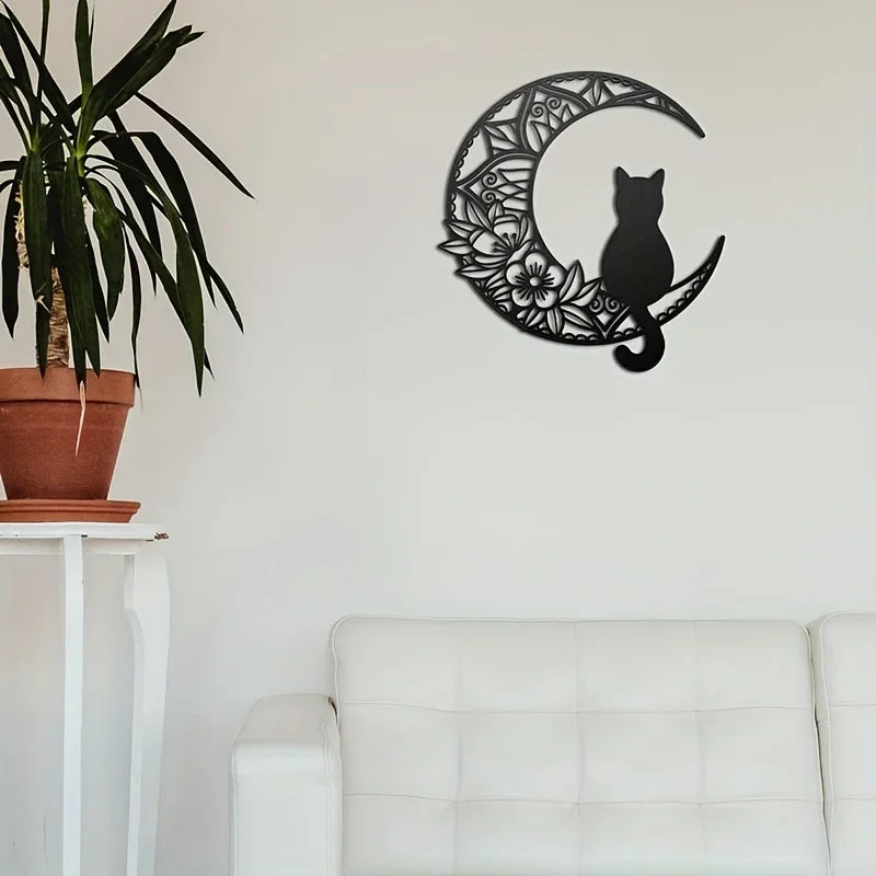 Black Cat On The Moon Wall Pediments, Cat And Moon Metal Wall Decor, Black Cat Wall Sculpture For Cats Lover, Home Decor