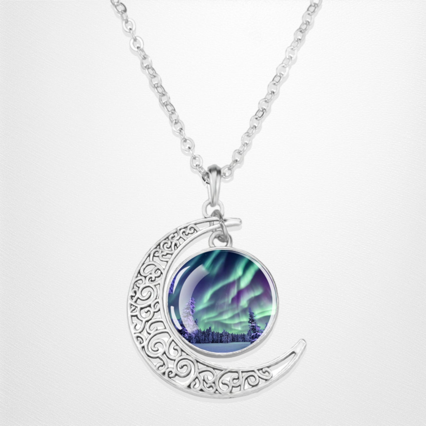 Luminous Aurora Borealis Crescent Necklace- Northern Light Jewelry - Unique Crescent Glass Cabochon Pendent Necklace - Perfect Aurora Lovers Gift