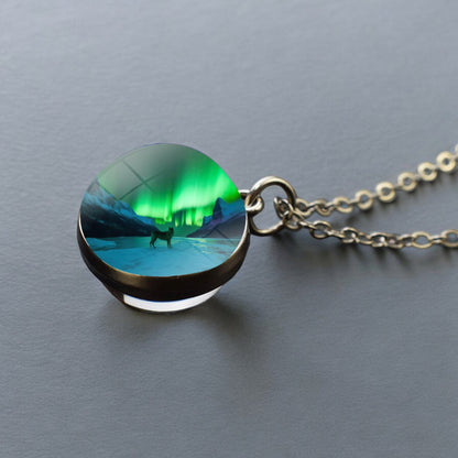 Luminous Aurora Borealis Silver Necklace- Northern Light Jewelry - Unique Double Side Glass Ball Pendent Necklace - Perfect Aurora Lovers Gift