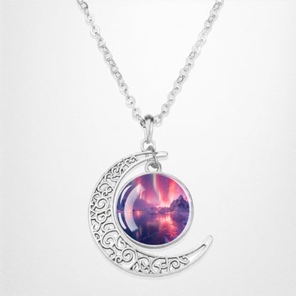 Collier lumineux Aurora Borealis Crescent - Bijoux Northern Light - Collier pendentif cabochon en verre croissant unique - Cadeau parfait pour les amoureux des aurores boréales 