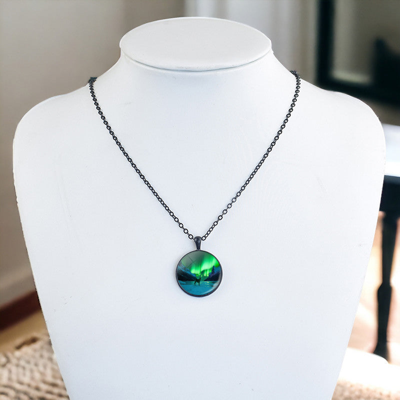 Luminous Aurora Borealis Black Necklace - Northern Light Jewelry - Unique Glass Dome Pendent Necklace - Perfect Aurora Lovers Gift